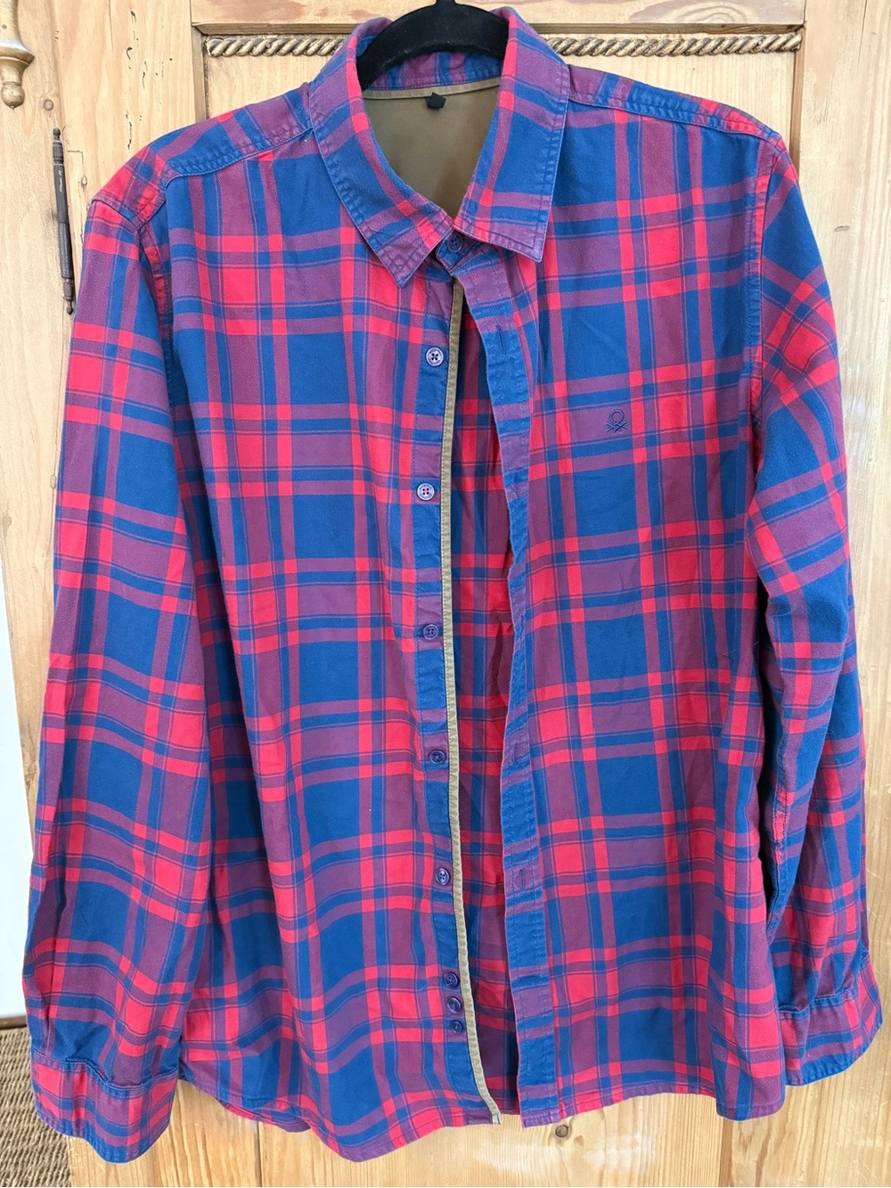 United Colors Of Benetton 100% Cotton Red and Blue Plaid Button-Down Shirt
